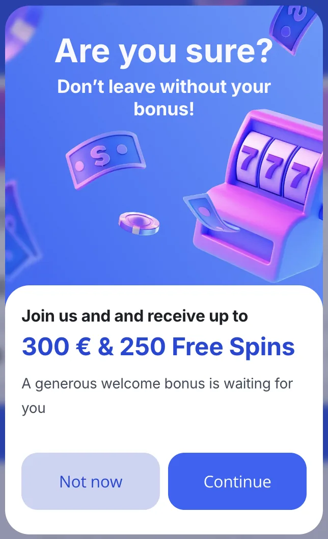 Goldify Casino pop-up advertising a welcome bonus of up to 300 euro and 250 free spins
